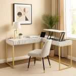 Vexol Fredie L-Shaped Corner Desk in Antique White and Gold Frame