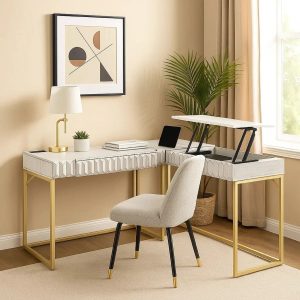 Vexol Fredie L-Shaped Corner Desk in Antique White and Gold Frame