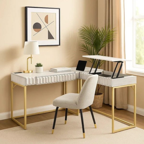 Vexol Fredie L-Shaped Corner Desk in Antique White and Gold Frame