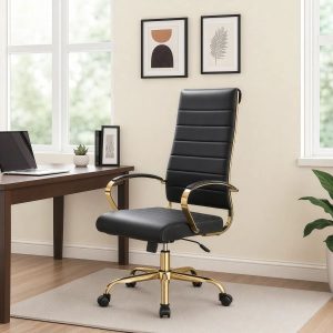 Vexol Humairaa Black Leather Office Chair with Polished Gold Base