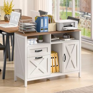 Farmhouse Lateral File Cabinet with 2 Drawers and Open Storage Cabinet