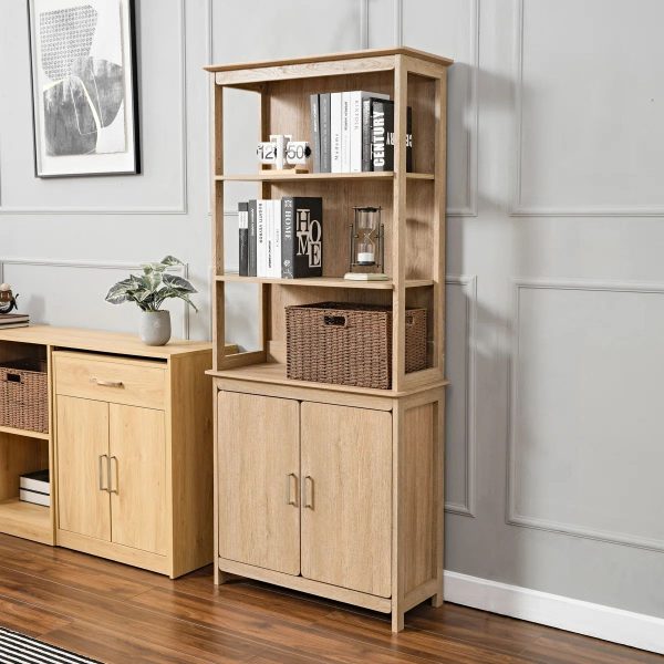 71 inch Tall Oak Bookcase with 4-Tier Storage and Soft Close Doors