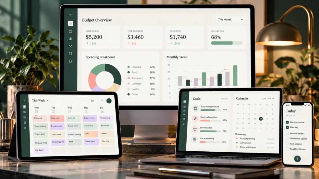 Multiple digital planners displayed on desktop, tablet, laptop, and phone screen